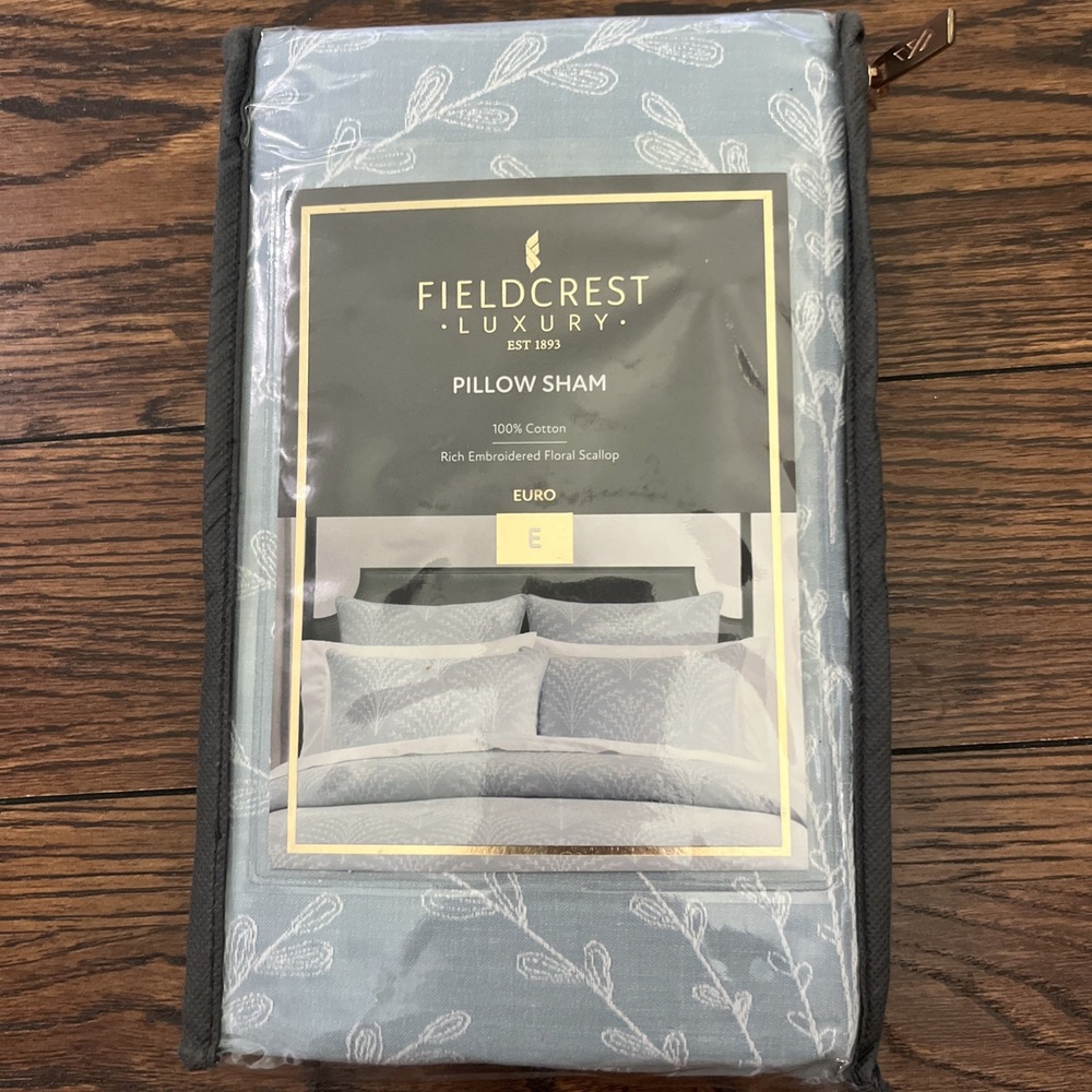 Fieldcrest Luxury Embroidered Euro Pillow Sham 100% Cotton Blue Floral Scallop